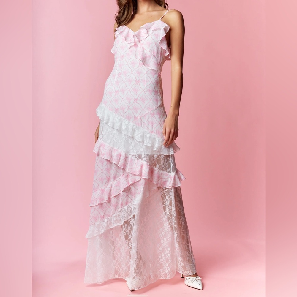 Pink and White Ruffled Maxi Dress